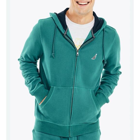 Vintage Nautica Anchor Fleece Full-Zip Hoodie Green/Yellow Mens Size XXL - Picture 1 of 16